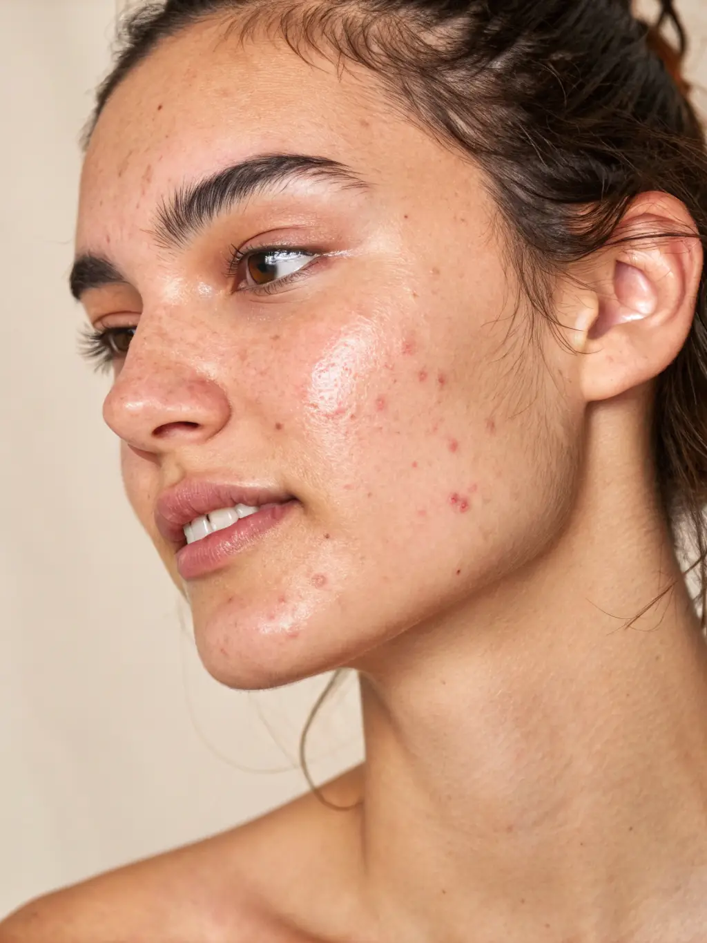 Close-up shot of clear skin after using Olizo, demonstrating its effectiveness in treating acne. The skin is glowing and healthy, with no visible blemishes.